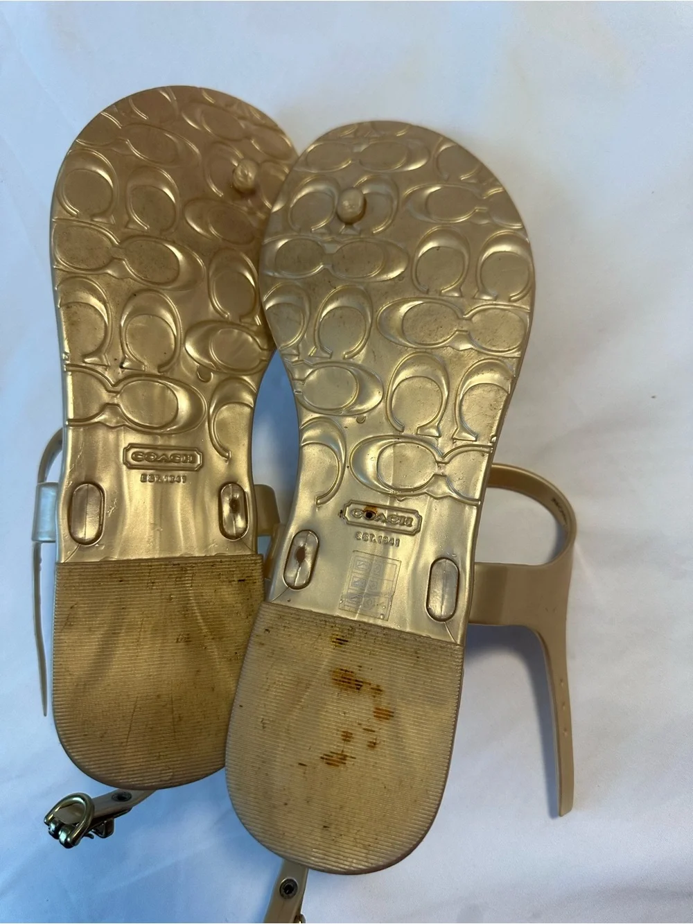 Coach Metallic Gold T-Strap Jelly Sandals with Logo Detail Size-9B
